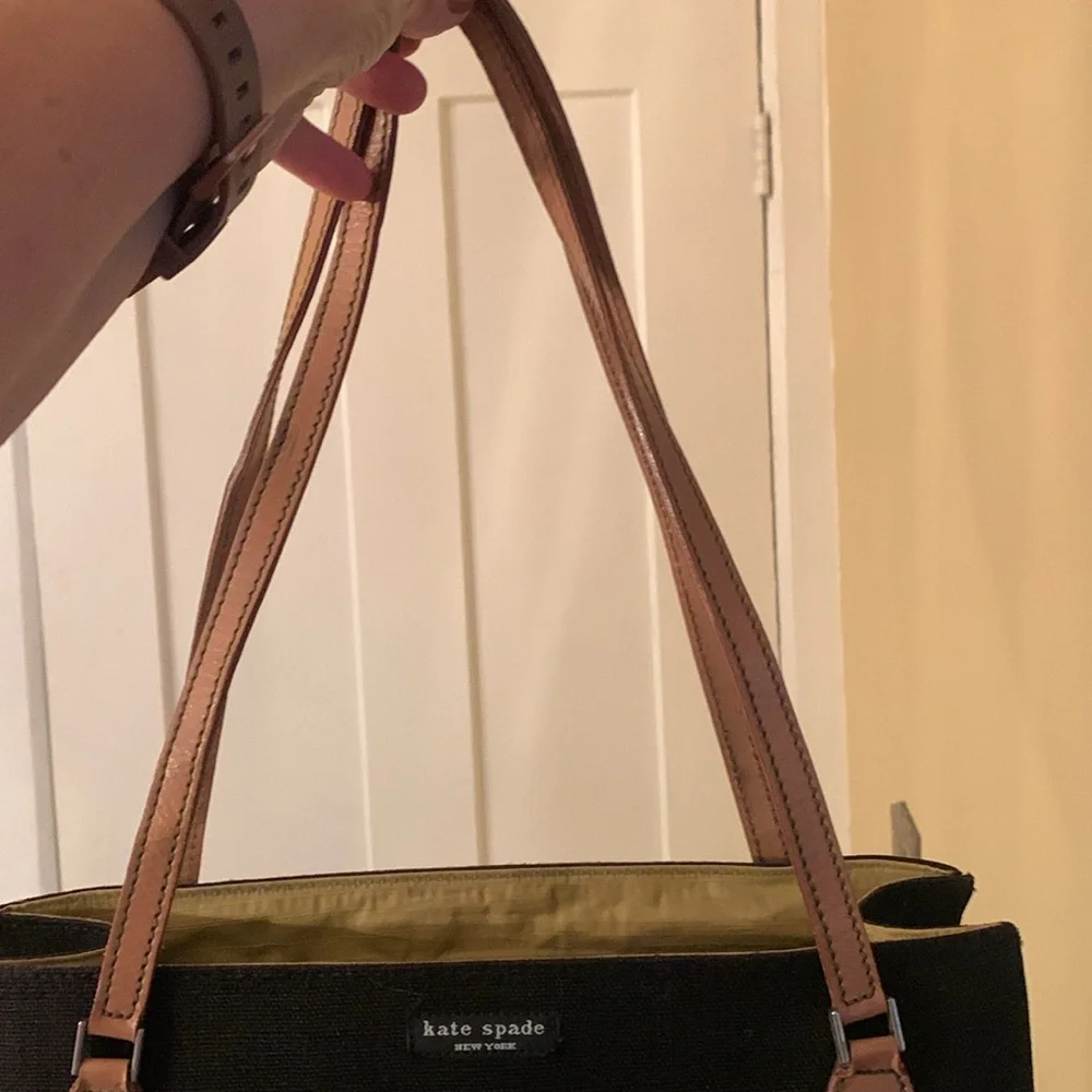 Elegant Kate Spade Black Fabric with Tan Leather Handbag (vibrant green lining)